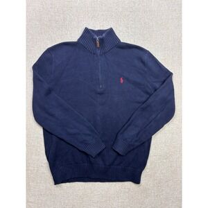 Polo Ralph Lauren Mens Navy Blue 100% Cotton Quarter Zip Sweater Large Logo